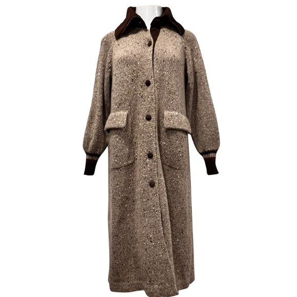 Renee Tener Outlander Vtg Button Long Sweater Duster Coat, Tweed Suede, Brown, L - Picture 1 of 11